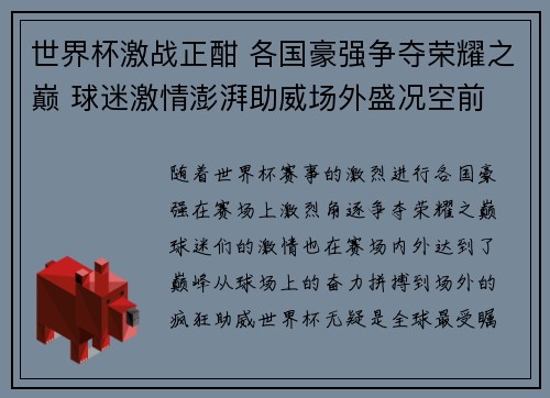 世界杯激战正酣 各国豪强争夺荣耀之巅 球迷激情澎湃助威场外盛况空前