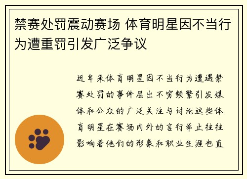 禁赛处罚震动赛场 体育明星因不当行为遭重罚引发广泛争议